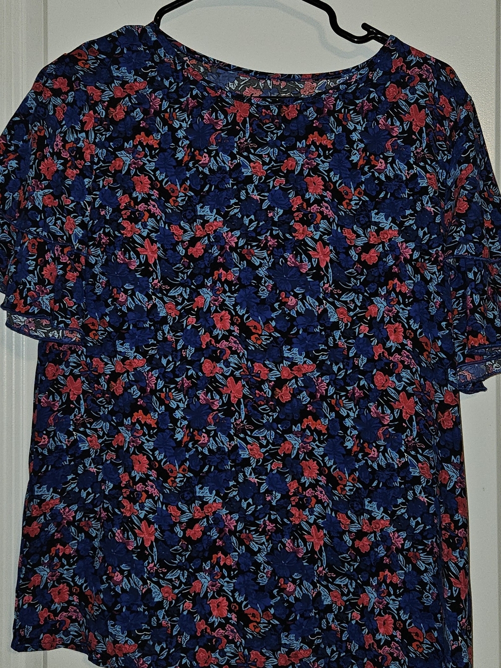 Floral Short-Sleeve Blouse in Navy with Pink and Blue Flowers